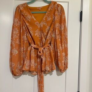 Chic Floral Wrap Blouse in Orange